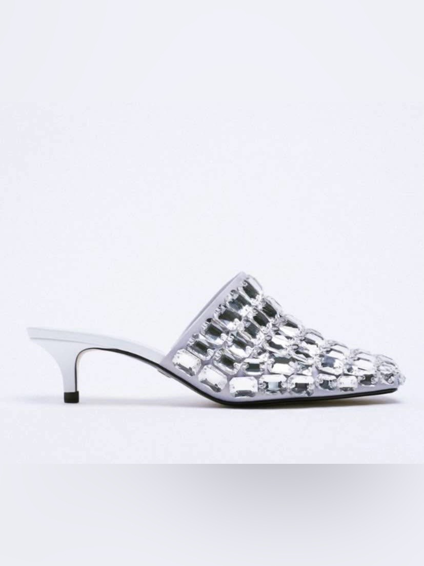 Zara Silver Jeweled /Large Rhinestone Slip-On Kitten Heel Mule